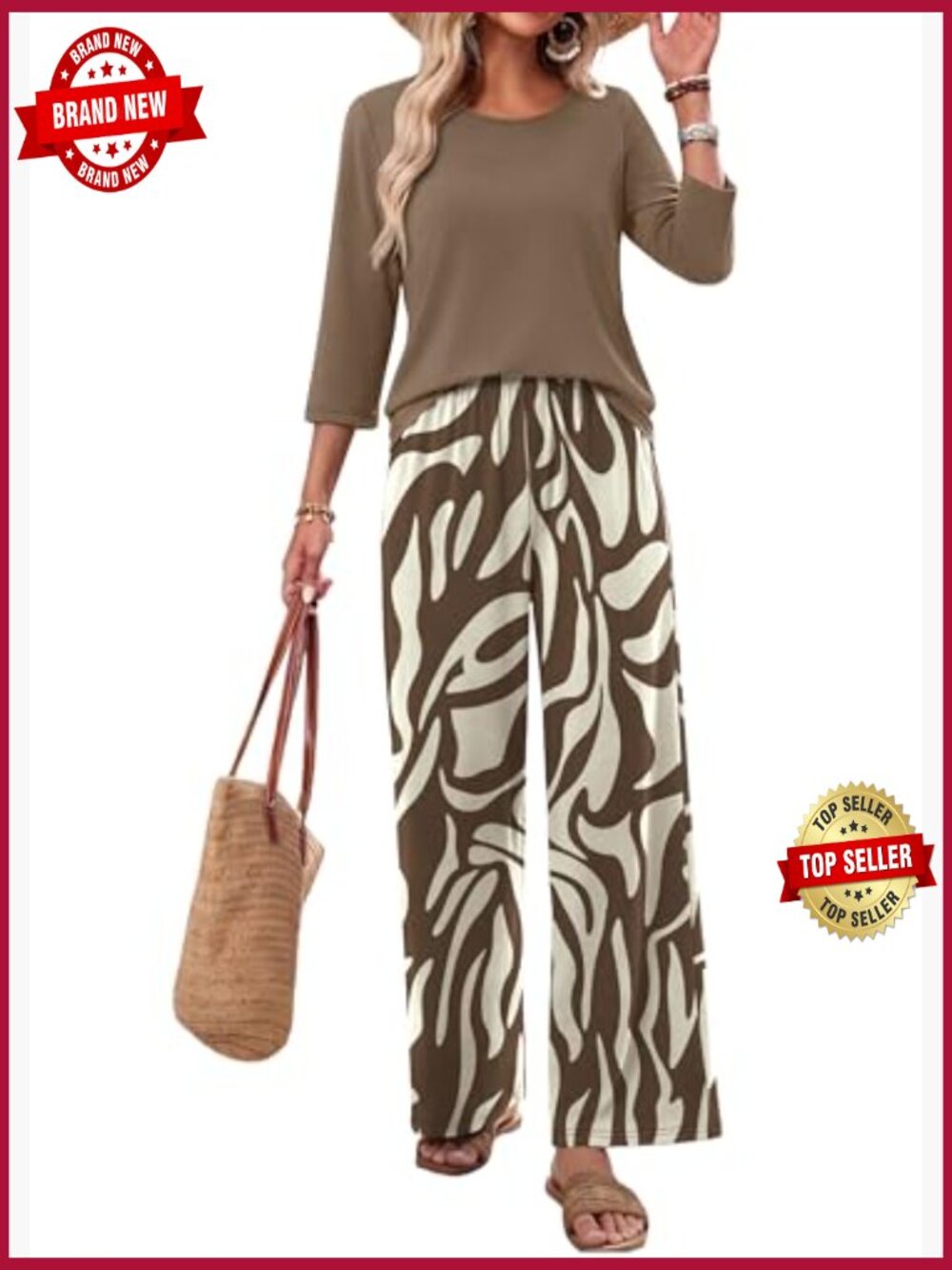 3/4 Sleeve Graphic Tee and Pants Lounge Set with Pockets - Picture 3 of 7